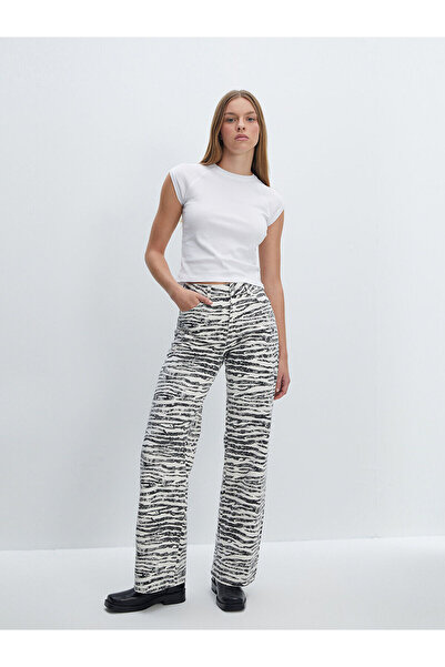 LC Waikiki Vision Ekru Zebra Desenli Straight Fit Kadın Jean Pantolon