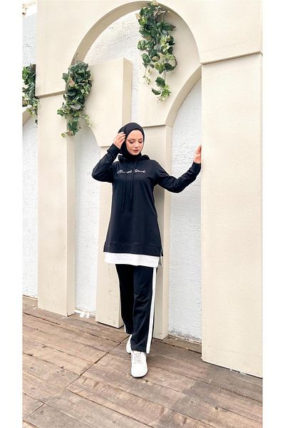 Bwest Text Printed Garni Detailed Hooded Short Sweat Pants Double Hijab Tracksuit Set - 03080.003 -