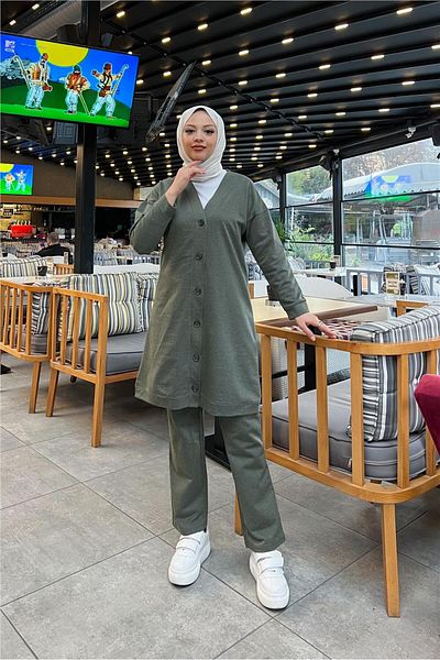 SEVDA Buttoned V-Neck Plain Basic Tracksuit Sports Double Set - 03051.005 - Khaki