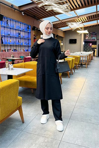 Bwest Simple Basic Long Tunic Trousers Double Sports Set with Two Pockets on the Front - 03067.003 - Black
