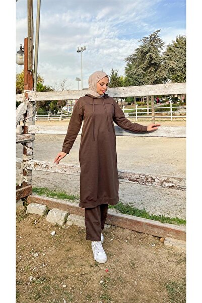 Bwest طقم رياضي طويل بقلنسوة وفتحة جانبية - 03034.028 - بني