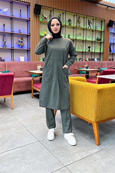 SEVDA Önden İki Cepli Sade Basic Uzun Tunik Pantolon İkili Spor Takımı - 03067.005 - Haki