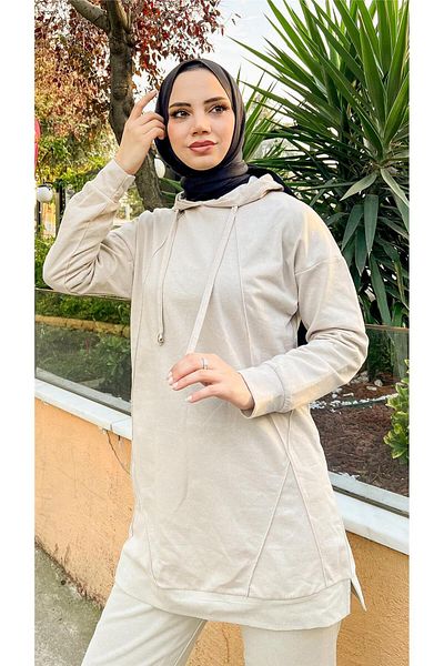 Bwest Hooded O Neck Plain Basic Double Tracksuit Sport Set - 03039.027 - Ecru