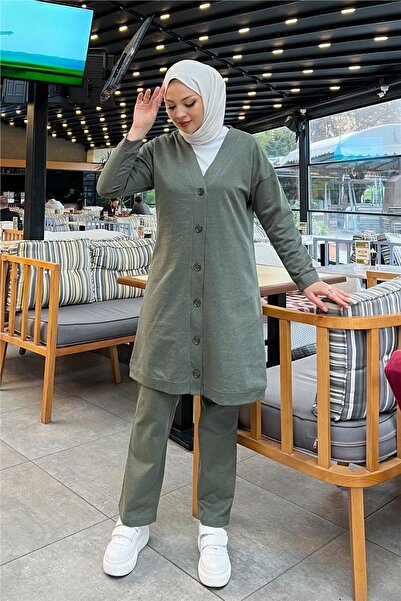 SEVDA Buttoned V-Neck Simple Basic Tracksuit Sports Double Set - 03051.005 - Khaki