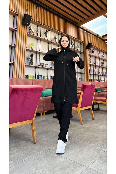 Bwest Lace Patterned Hooded Tunic and Trousers Sports Set - 71158.003 - Black
