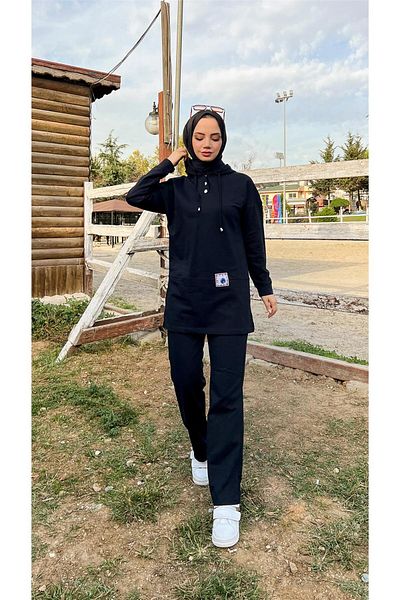 Bwest Hooded Snap Fastener Plain Basic Double Tracksuit Sports Set - 03036.003 - Black
