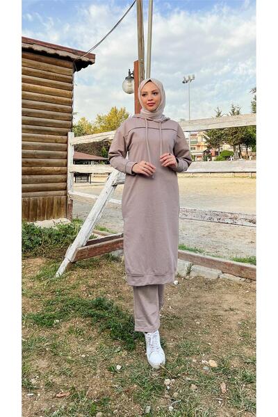 Bwest Μακρύ τουνίκ με κουκούλα με σχισμή στο πλάι Διπλό αθλητικό κοστούμι - 03034.016 - Mink