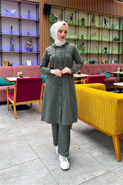 Bwest Hooded Buttoned Simple Basic Long Tunic and Trousers Double Sports Set - 03072.005 - Khaki