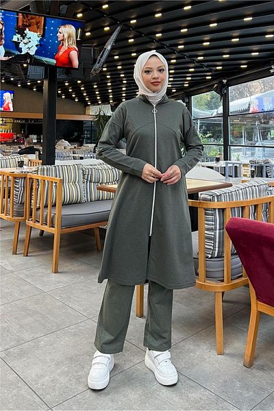 Bwest Khaki Basic Sports Double Set - Tracksuit with Chest Detail and Zipper