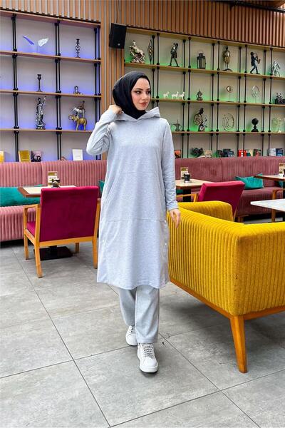 SEVDA Hooded Yandat Snap Fastener Plain Basic Long Tunic and Pants Double Sports Set - 03071.008 - Gray
