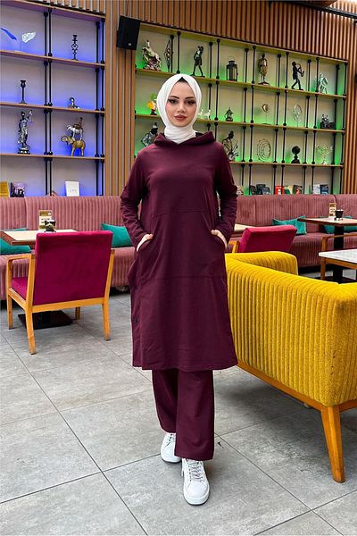 SEVDA Plum Hooded Long Tunic and Trousers Sports Set - 03071.020