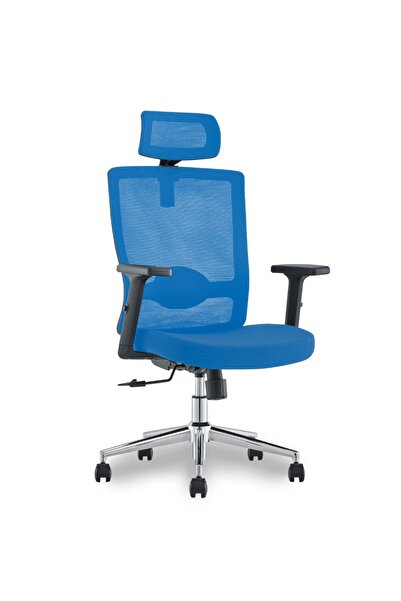 Mahmayi كرسي مكتب مريح قابل للتعديل باللون الأزرق - دعم أسفل الظهر، مساند للذراعين قابلة للتعديل، قاعدة من الكروم