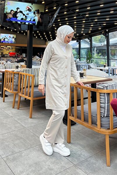 Bwest V-Neck Plain Tracksuit Sports Two-Piece Set - Button, Ecru - 03051.027