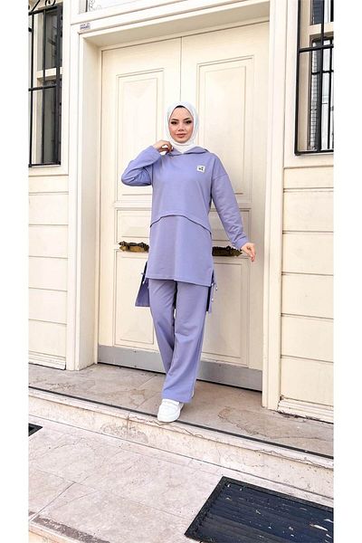 Bwest Cotton Hooded Slit Hijab Tracksuit Set - Lace Detailed, Lilac - 71168.019