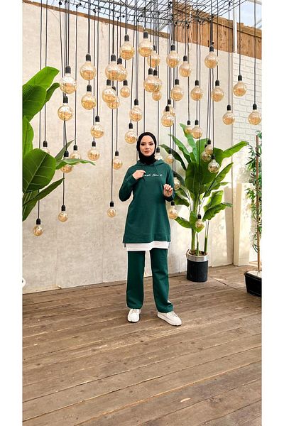 Bwest Hooded Text Printed Short Sweat Pants Hijab Tracksuit Set - 03080.021 -