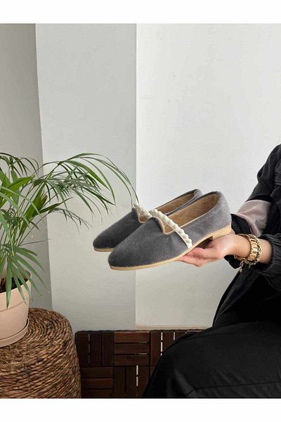 Behtah Kundura Women's Smoked Pearl Detailed Thai Feather Stylish Comfortable Daily Ballerina Shoes Home Shoes