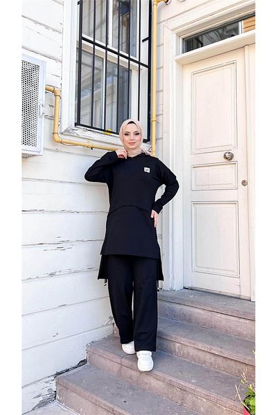 Bwest Cotton Hooded Slit Hijab Tracksuit Set - Lace Detailed - Black 71168.003