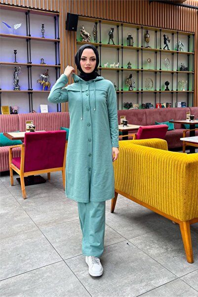 SEVDA Hooded Buttoned Plain Basic Long Tunic and Trousers Double Sports Set - 03072.100 - Green