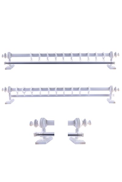 OPEN SHOPS Beyaz Tek Raylı Ahşap Rustik Perde Askısı ve Alüminyum Rustik Boru...