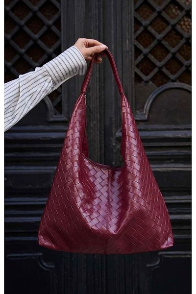 Mercan Stores Knitted Patterned Large Faux Leather Women's Oversized Shoulder Bag