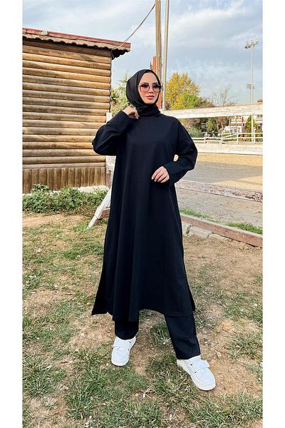 Bwest O Neck Slit Long Wide Comfortable Tunic Trousers Simple Basic Sports Set - 03040.003 - Black