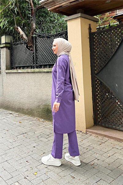 Genel Markalar Bisiklet Yaka Fermuarlı Uzun Tunik Sade Basic Spor Takımı - 03044.207 - Koyu Lila
