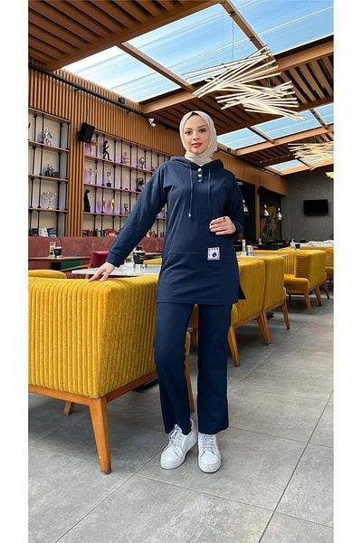 Bwest Hooded Snap Fastener Plain Basic Double Tracksuit Sports Set - 03036.015 - Navy Blue