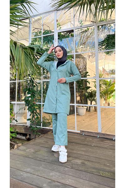 Bwest Green Long Tunic and Trousers Hijab Tracksuit Set - 03078.100