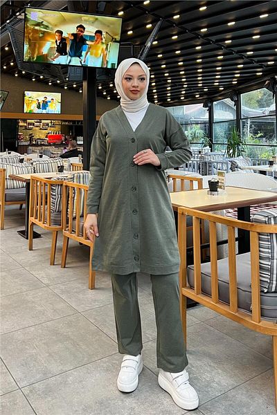 SEVDA Buttoned V-Neck Plain Basic Tracksuit Sports Double Set - 03051.005 - Khaki