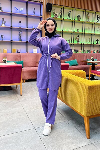 Genel Markalar Kapşonlu Fermuarlı Belden Bağlamalı Sade Basic İkili Spor Takımı - 03070.207 - Koyu Lila