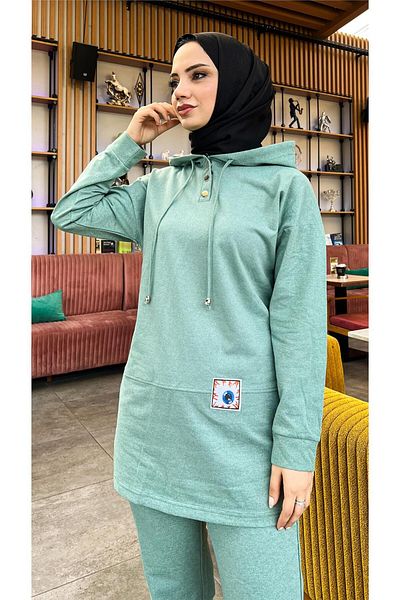 Bwest Hooded Snap Fastener Simple Basic Double Tracksuit Sports Set - 03036.100 - Green