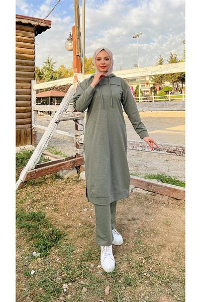 Bwest Long Tunic Hooded Side Slit Double Sports Set - 03034.005 - Khaki