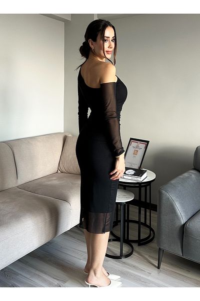 AB LOOKS Rochie de damă, cu un singur umăr, cu mânecă asimetrică, elastică, cu mânecă lungă, din tul, căptușită, rochie maxi din tul