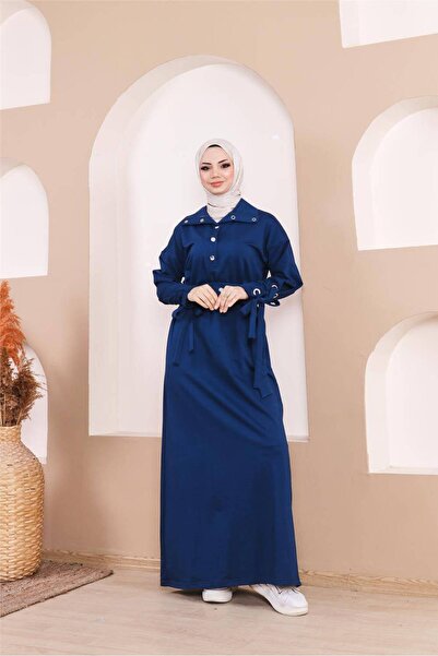 Bwest Μακρύ φόρεμα με λεπτομέρεια με κούμπωμα με κούμπωμα στη μέση - (38-46) - 71183 - Indigo