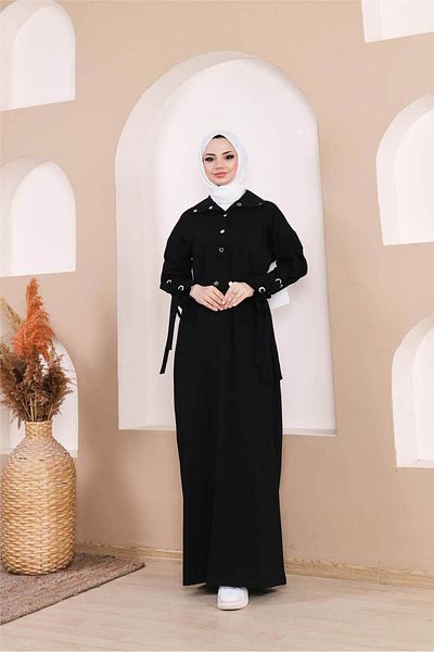 Bwest Waist Tie Snap Sleeve Stripe Detail Long Dress - 71183.003 - Black