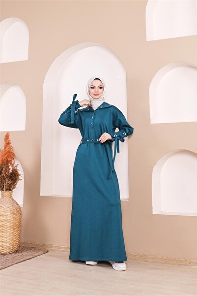 Bwest Μακρύ φόρεμα με λεπτομέρεια με κούμπωμα στη μέση και λωρίδες στα μανίκια - (38-46) - 71183 - Βενζίνη