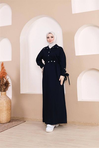 Bwest Waist Tied Long Dress with Snap Sleeve Stripe Detail - 71183.015 - Navy