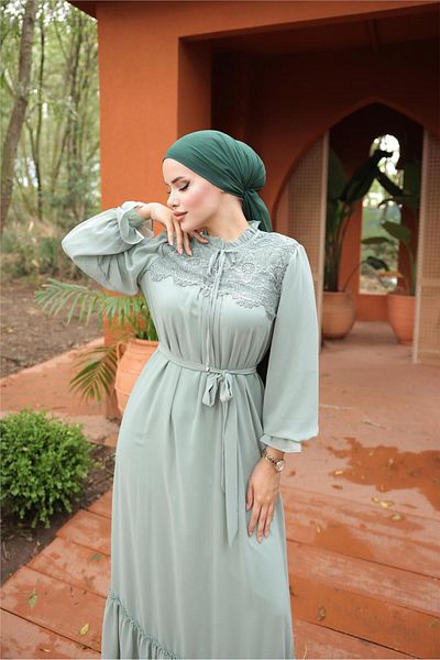 Bwest Long Chiffon Dress with Lace Detail on Waist and Neck Lace - 50019.100 - Green