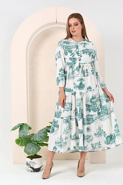 Bwest Patterned Linen Dress - Tree Green - Bwest