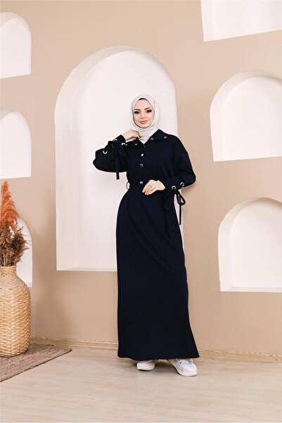 Bwest Μακρύ φόρεμα με λεπτομέρεια με κούμπωμα με κούμπωμα στη μέση - (38-46) - 71183 - Ναυτικό μπλε