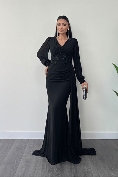 giyimmasalı Chiffon Fabric Bead Embroidered Evening Dress with Shawl Detail - Black