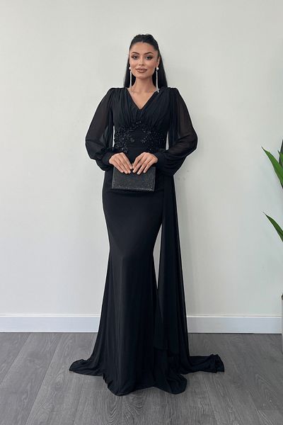 giyimmasalı Chiffon Fabric Bead Embroidered Evening Dress with Shawl Detail - Black