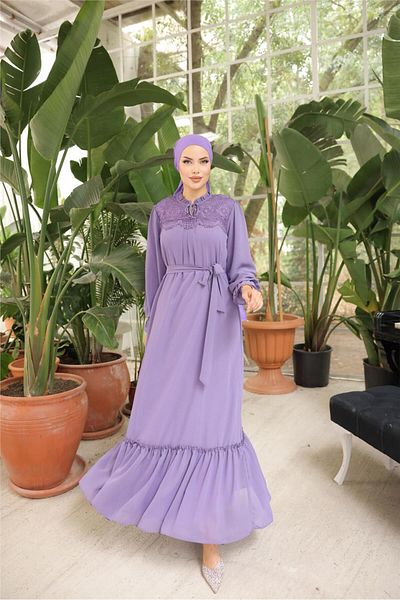 Bwest Long Chiffon Dress with Lace Detail on Waist and Neck Lace - 50019.019 - Lilac