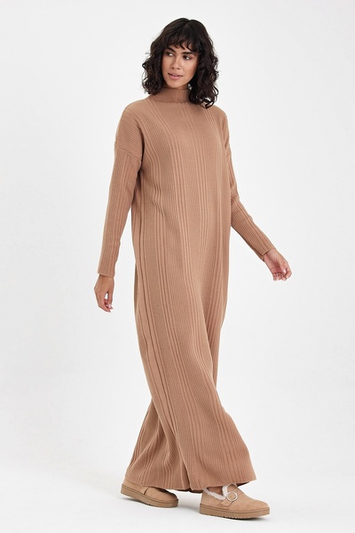 Chiccy Camel Hakim Collar Long Sleeve Casual Long Oversize Knitwear Dress 145 70