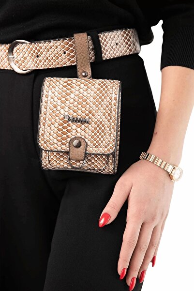 By Pellini Suni Deri Kemerli Mıknatıslı Çanta Krem Yılan Derisi