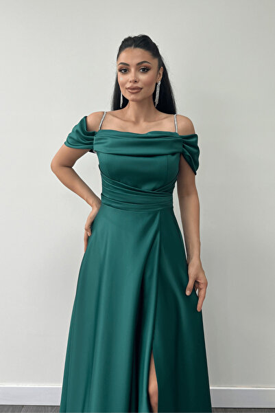 giyimmasalı Večerní šaty se stahovací šňůrkou ze saténové látky - EMERALD GREEN