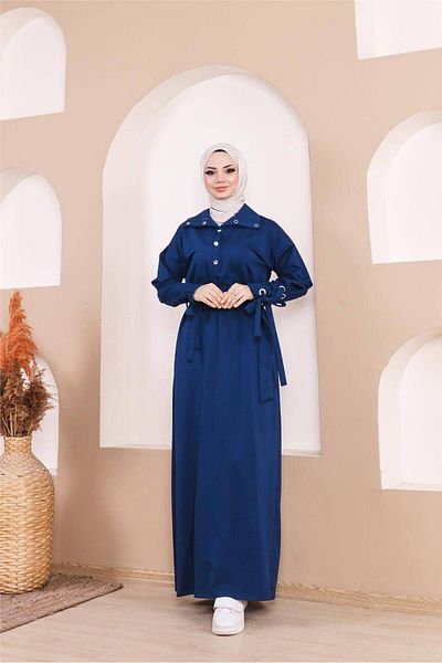 Bwest Long Dress with Tie Waist Snap Sleeve Stripe Detail - 71183.006 - Indigo