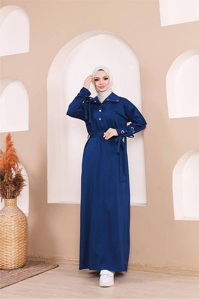 Bwest Long Dress with Tie Waist Snap Sleeve Stripe Detail - 71183.006 - Indigo