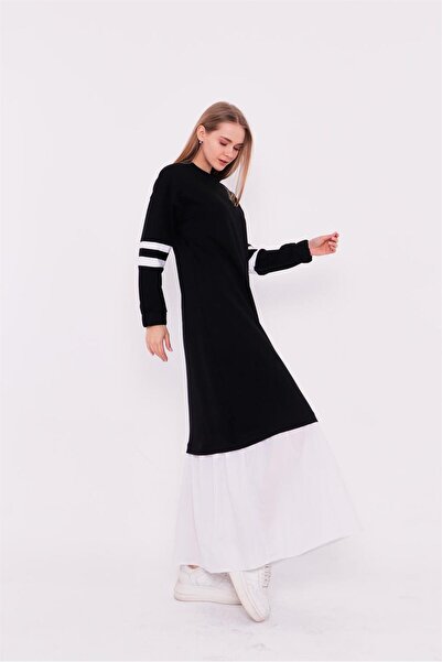 Bwest Gupse μανίκια ριγέ φούστα Λεπτομερές αθλητικό φόρεμα - 71079.003 - Μαύρο