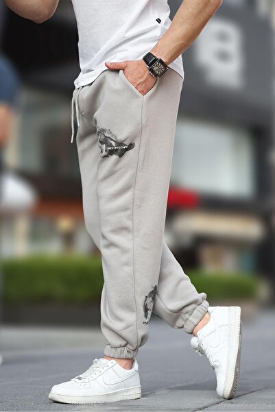 Madmext Boyalı Gri Erkek Paçası Lastikli  Cep Detaylı Baskılı Eşofman Altı 6553